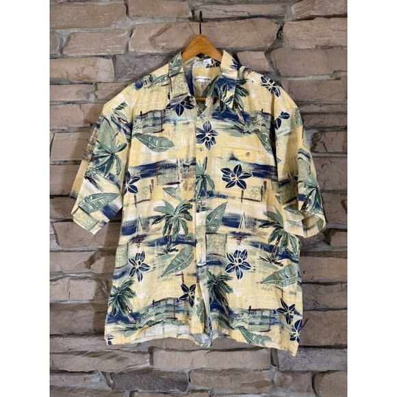 Pierre Cardin Hawaiian Shirt XL Tropical Floral Button Up Short Sleeve Yellow - Picture 1 of 9